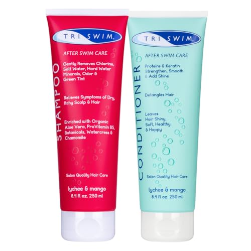 TRISWIM - Lote de champú y acondicionador para después de nadar, tratamiento capilar anticloro para nadadores, elimina el tinte verde, vegano y libre de crueldad animal (250+250 ml)