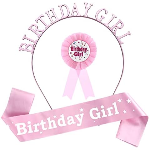 Abeillo 3 Pieces Birthday Girl Decorations Set Includes Pink Birthday Girl Sash Birthday Girl Tiara and Birthday Award Ribbon Birthday Badge Strap for Kids Girls Party Supplies Cover