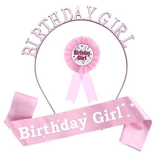Abeillo 3 Pieces Birthday Girl Decorations Set Includes Pink Birthday Girl Sash Birthday Girl Tiara and Birthday Award Ribbon Birthday Badge Strap for Kids Girls Party Supplies