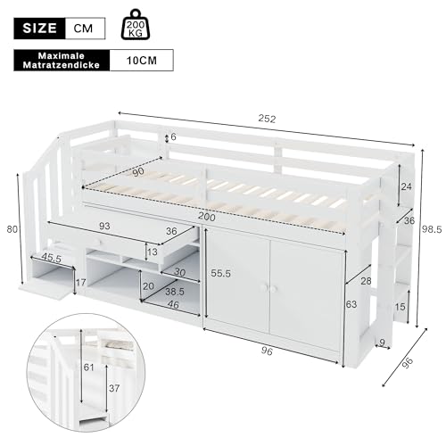 xixiworkshop Hochbett 90x200cm, Multifunktionales Jugendbett mit austauschbar Tisch/Schrank/Treppen/Leiter Bett mit Stauraum, Einzelbett Rausfallschutz ohne Matratze
