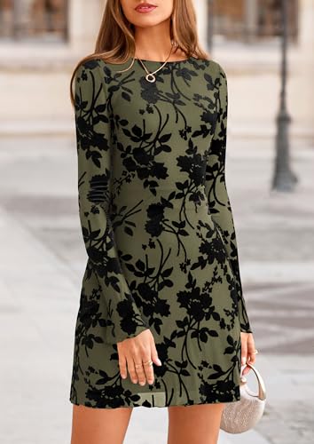 Image of PRETTYGARDEN Women's Fall Floral Long Sleeve Mini Dress | Printed Sheer Mesh, Bell Sleeve Boat Neck, Bodycon Short Dresses, Party Date Night, Cute Casual Outfits, Fashion Clothing