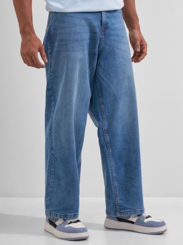Image of Highlander Men Men's Premium Loose Straight Fit Mid-Rise Cotton Lycra Jeans - Button Closure, Machine Washable, Comfortable All-Day Wear for Casual & Semi-Formal Occasions