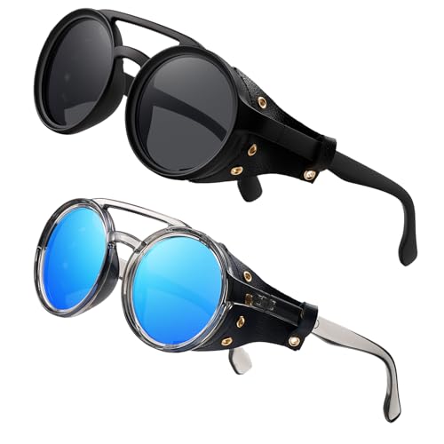 Classic Steampunk Style Round Vintage Sunglasses Retro Eyewear Women Men With Leather Side Glasses