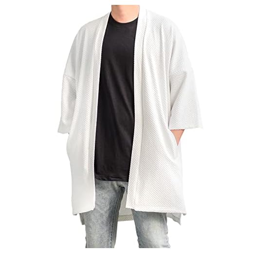 LOST IN BKK Men's Long Oversized Kimono Cardigan Noragi Street Jacket Haori Man Yukata Coat (Off White)