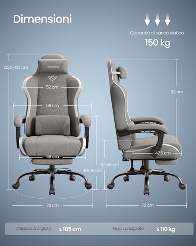 Sedia Gaming, Sedia da Ufficio Scrivania, Ergonomica, Seduta con Molle, Poggiapiedi, Braccioli con Meccanismo Sincronizzato, Grigio Tortora OBG079G01 - Sedia gaming - Immagine 2