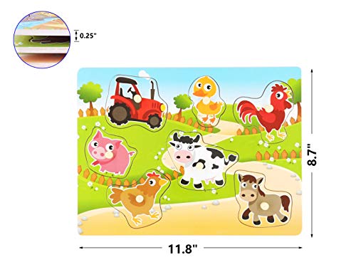 Wooden Puzzles Farm Chunky Baby Puzzles Peg Board, Full-Color Pictures For Preschool Educational Jigsaw Puzzles, 7Pieces #TOP1
