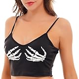 Girlzlwalk Women's Cami Crop Top - Ladies Skeleton Skull Hand Print Sports Bra Sleeveless Spaghetti Strap Tank Top Size S-XXL (Black, M-L)