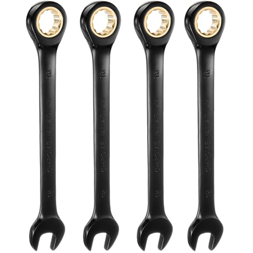 sourcing map 4Pcs Ratcheting Spanner 18mm Metric Open End Wrench 72-Teeth CR-V Steel 12 Point Nickel Plated Combination Ratchet Wrench for Fasteners Nut Bolt
