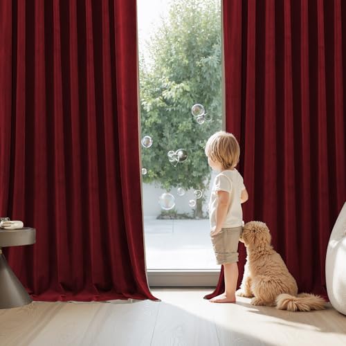 Image of StangH Red Velvet Curtains 120 Inches Long for Grand Windows, Extra Long Heavyweight Thermal Insulated Drapes, Dramatic Room Decor for Theater with Back Tab & Hook Belt, W52 x L120, 2 Panels