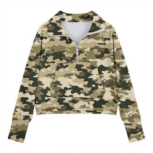 DDAPJ pyju Camo Sweatshirts for Girls Half Zip Pullover Stand Collar Long Sleeve V Neck Sweatshirt with Pocket 5-14 Years4