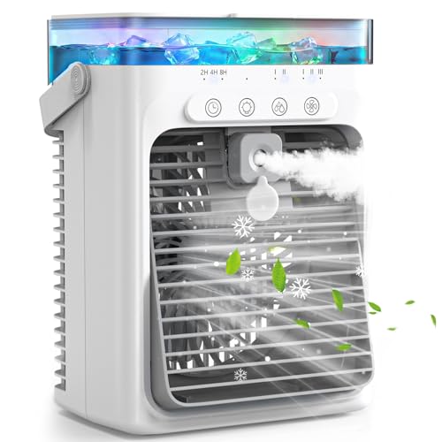 Climatiseur Mobile 4 en 1, Mini Climatiseur Portable sans Évacuation, Ventilateur Climatiseur USB, 3 Vitesses, 2 Modes Brumisation, Réservoir 1000ML, Minuterie 2/4/8H, Silencieux pour Chambre Voiture