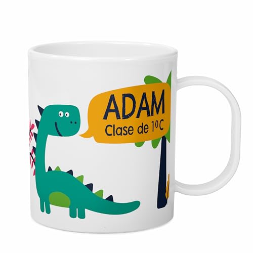 Made in Gift Taza de Plástico Infantil con Asa Dinosaurio Personalizada de 33 Cl de Capacidad con Nombre y Texto en Color