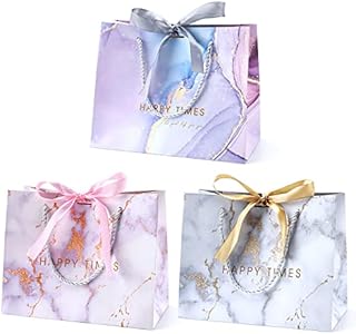BBLIKE 3Pcs Gift Bags with Bow Ribbon Medium Gift Bag-Birthday Gift Bag for Presents, Unique Wedding Birthday Party Baby Shower Teacher Gift Bag, Men Women Gift Bag (Marble style)