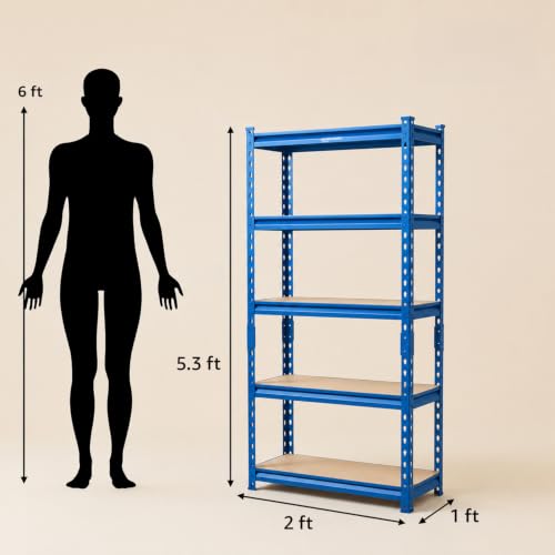 Image of Amazon Basics 5-Tier Storage Rack | Bolt-Free Assembly | Metal Stand & Thick MDF Board | 175kg Capacity Per Shelf | 63H x 24W x 12D inch Adjustable Shelf Rack for Home, Garage & Shop | Blue