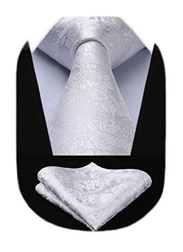 Image of HISDERN Men Floral Ties Woven Classic 3.4 inch Necktie Set Formal Tie Pocket Square for Wedding with Handkerchief Gift Box