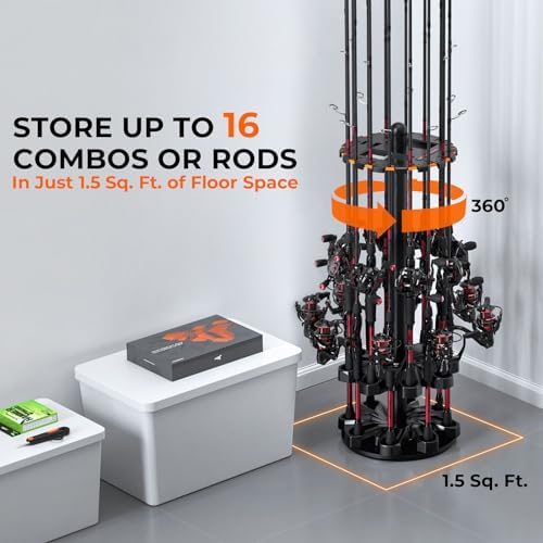 KastKing V16 Rotating Fishing Rod Holder for Garage, Floor Rack Holds Up to 16 Rods & Combos, Space-Saving Pole Organizer with Foam, Durable ABS, Fishing Gear Storage Gift for Men - 1