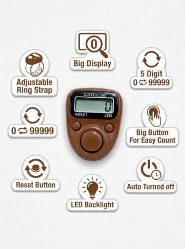 Image of Digital Hand Tally Counter, LED Display, Ring Design, Reset Button(Pack of 1) (Brown)