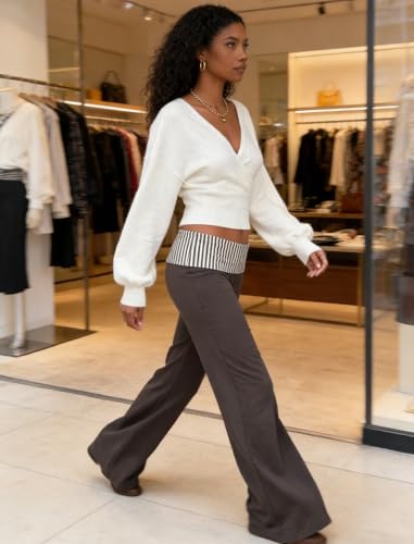 Image of ZAFUL Women's V Neck Sweater Lantern Long Sleeve Pullover Cable Knit Cross Crop Top Casual Tie Wrap Tunic Jumper Blouses