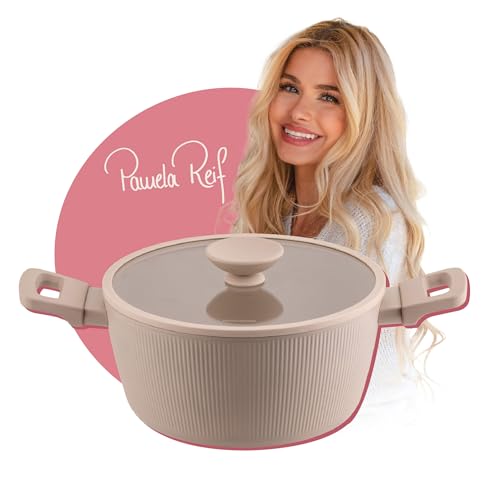 Fackelmann x Pamela Reif Kochtopf mit Glasdeckel Ø 24 cm – Pastell-Beige, geschmiedetes recyceltes Aluminium, PFAS-freie keramische Beschichtung, für alle Herdarten geeignet