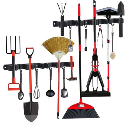 2 Stück Besenhalterung Wand, 10 Halter + 8 Haken Edelstahl Gerätehalter, Selbstklebend Gartengerätehalter and Besenhalter, Schwarz Wandhalterung Aufhängung Gartengeräte für Besen,Halterung Gartengerät