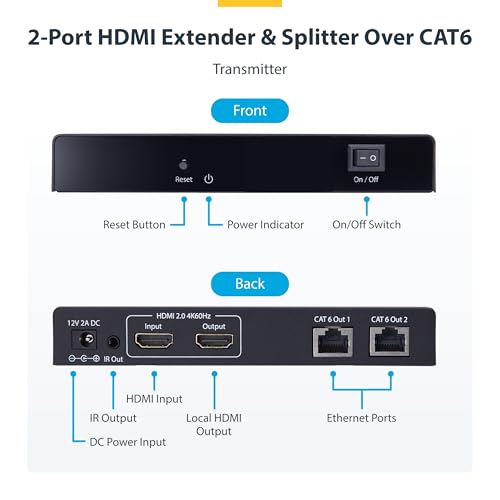 Image of StarTech 1x2 HDMI Extender Splitter Over CAT6, 4K 60Hz, 230ft, 2-Display | One transmitter to two receivers, Power over cable, 2ch audio, No drivers, Boardroom and signage, Wall or ceiling