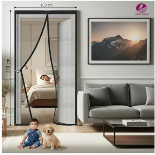 Image of DIVAYANSHI Fiberglass Magnetic Door Mosquito Net Brown 210x100 cm | 18 Magnet Pairs | Pre-Stitched | Velcro Tape Included | with Automatic Closure