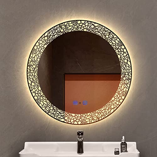 Bathroom Mirror Round Backlit Illuminated Bathroom Mirror with Touch Switch Pattern Border Decorative Mirror Anti-Fog Waterproof Makeup Mirror