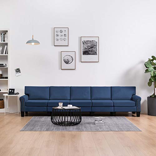 UnfadeMemory Sofá de Salon,Decoración de Hogar,Conciso y Moderno,Tapicería de Tela,Patas de Plástico (Azul, 5 Plazas-310x70x75cm)