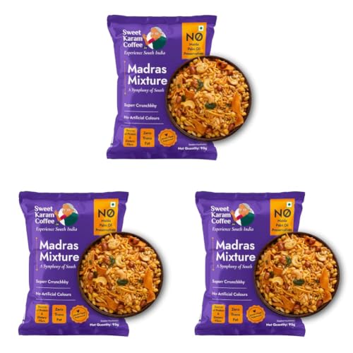 Image of Sweet Karam Coffee Special Madras Mixture - 95grams | No Palm Oil or Preservatives | Authentic South Indian Namkeen Snack | Crispy & Fresh Homemade Taste | Perfect Tea-Time Savory (Pack of 3)