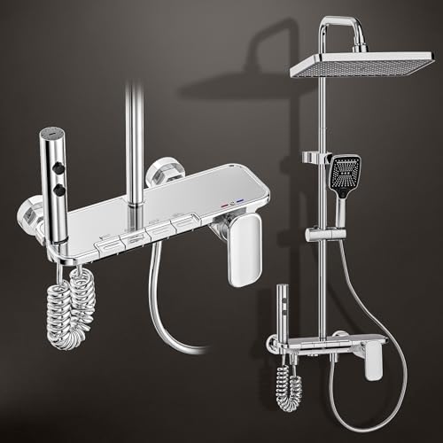 YJYAJIE Colonne de Douche pour Salle de Bain, Colonne Douche 4 Modes - Tête Carrée de Douche, Jet, Robinet et Pommeau de Douche, Laiton, Chromé, Hauteur Réglable 980-1350mm