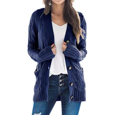 Placitiume Cardigan ouvert sur le devant pour femme en tricot torsadé épais pour l'automne et l'hiver, bleu marine, XXL