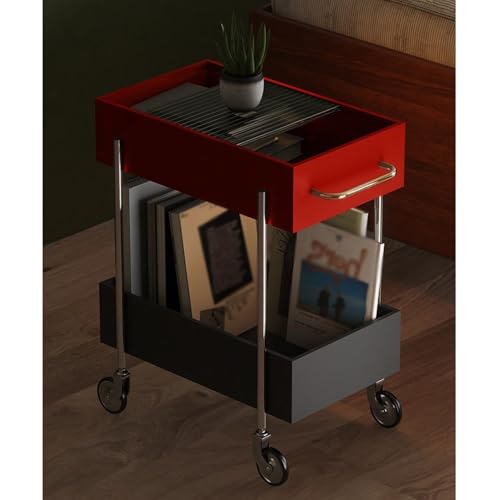 Chariot de salon rouge : étagère rangement multicouche et table basse - 5