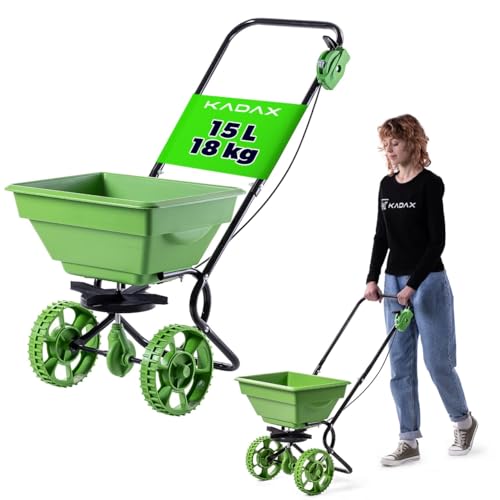 KADAX Strooiwagen 15 l met wielen, meststrooier, zoutvaatje en zaadstrooier voor tuin en winterdienst, handstrooier voor strooizout en gazonmest