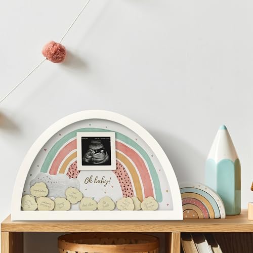 Image of Kate Aspen Boho Baby Shower Guest Book Alternative Rainbow Frame with 30 Wooden Clouds, Frame for Sonogram Picture, Rainbow Baby Shower Decorations & Keepsake, Nursery Decor (Pack of 2)