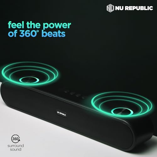 Nuworld Retail Private Limited Nu Republic Party Box 16 Bluetooth Soundbar with X-Bass Technology, Upto 10 Hrs Playtime, Multiple RGB LED Lights, 16 W Output (Black, 2.0 Channel)