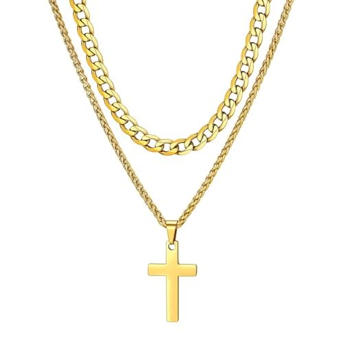 ChainsHouse Layered Cross Necklace for Men, Stainless Steel/Black/Gold Plated Cuban/Barbed Wire Necklace with Cross/Crucifix Pendant Religious Jewelry Gift Set for Dad, Husband 22'' chain+24