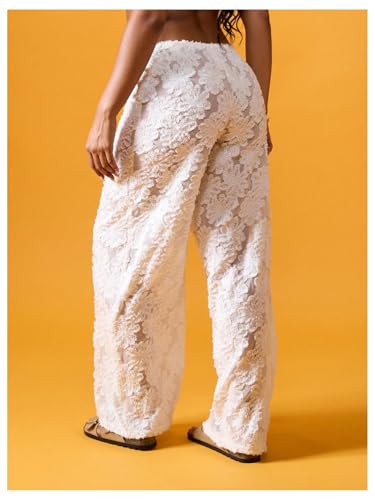 Women's Floral Textured Lace Pants Y2k Sheer Mesh Drawstring Waist Wide Leg Lounge Pants Casual2