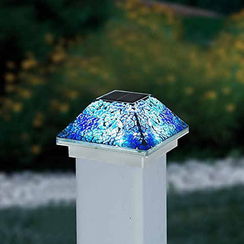 2PK Mosaic Solar Post Cap Lights Outdoor for 4x4, 3.5x3.5 Post Crackled Glass Deck Fence Lamp Weatherproof LED Light Decor in Garden, Yard, Outdoor Table, Balcony, Landscape- Cyan Blue 2PK Mosaic Solar Post Cap Lights Outdoor for 4x4, 3.5x3.5 Post Crackled Glass Deck Fence Lamp Weatherproof LED Light Decor in Garden, Yard, Outdoor Table, Balcony, Landscape- Cyan Blue