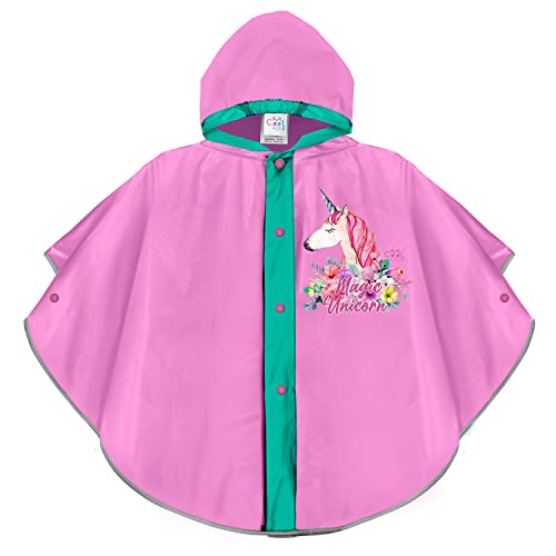 PERLETTI Rain Poncho with Pink Unicorn for Little Girls - Waterproof Jacket for Baby Girl with Hood and Buttons Green Details - Kids Rain Coat Children 3 4 5 6 Years - Cool Kids (Lilac, 3/6 Years)