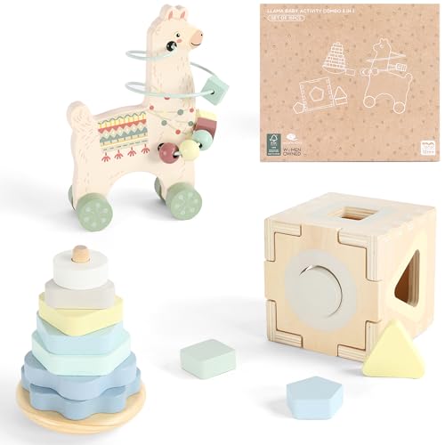 Image of Freniland Montessori Toys for 1 Year Old，3-in-1 Wooden Baby Toys，Wooden Stacking Toy，Toddler Shape Sorting Cube, Llama Ring Toy,Newborn Baby Gift Sets for Boys and Girls