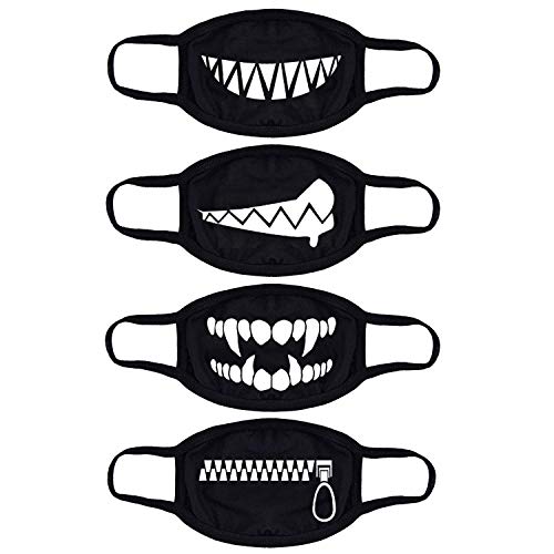 Mouth Mask Anime Teeth, YOROZUCERY Scary Skull Teeth Half Face Mask for Women Men and Kids, Unisex Kpop Mouth Mask, Cotton Anti Dust Mouth Muffle Cover, Pack of 4 Black