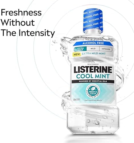 Listerine Extra Mild Alcohol-Free Mouthwash, Oral Rinse Powered by Essential Oils Kills 99.9% of Germs that Cause Bad Breath for A Clean* Mouth, No Added Dyes, Mild Cool Mint Flavor, 1L — view 3