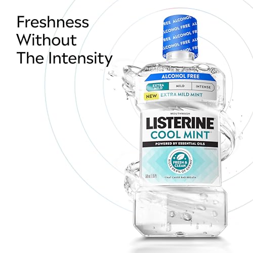 Image of Listerine Extra Mild Alcohol Free Mouthwash, Cool Mint, 33.8 fl. oz /1L | No Burn, Clinically Proven Essential Oils Kill 99.9% of Germs That Cause Bad Breath, Dye Free Oral Rinse