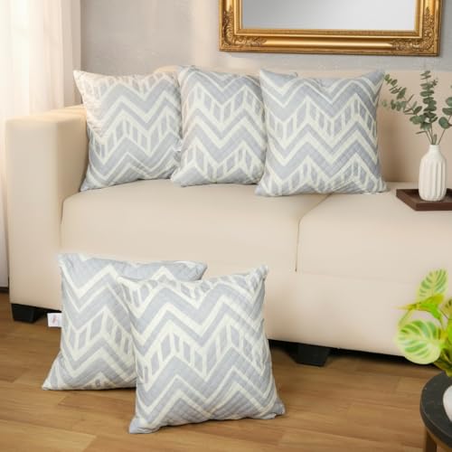 Image of STITCHNEST 'QuadraNest' Series Printed Quilted Velvet Cushion Cover 16x16 Inch Set of 5 | Premium Soft Fabric, Washable & Fade Resistant | Decorative Living Room Cushion Covers | Grey & Ivory Zigzag