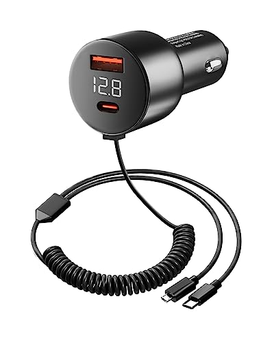 YANTU 78W Metal 4-Port Car Charger with PD & QC3.0, 40" Coiled Type C Cable for Fast Charging Samsung Galaxy, iPhone, iPad, Pixel & Android Devices