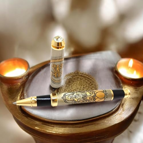 Image of Maha Laxmi Ji Etched Pen Diwali Special Premium Brass Roller with Divine Lakshmi Engraving & Prosperity Blessings