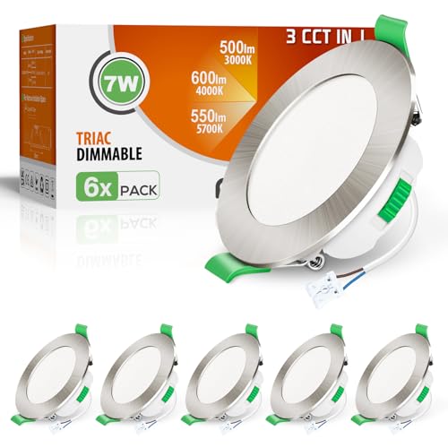ALUSSO Lot de 6 Spot LED Encastrable 68mm,7W Led Spot Dimmable AC 220-240V,3000K 4000K 6500K Étanche IP65 Réglable Plafonnier Encastré pour Salle de Bain,Salon,Chambre,Cuisine,Rond,Nickel