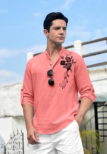 Image of Zombom Men's Cotton Polyester Blend Mandarin Collar Self One Design Printed Full Sleeve Casual Short Kurta Shirt