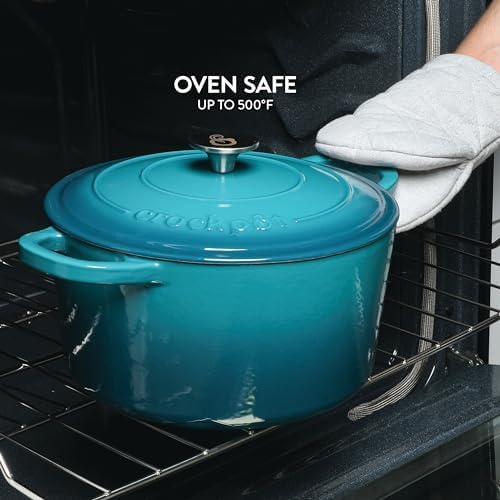 Crock Pot Artisan 6-Quart Round European Enameled Cast Iron Dutch Oven Pot With Lid -Teal Ombre - Thumbnail 4