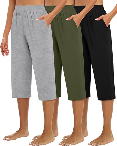 Huukeay 3 Pack Women's Capri Sweatpants, Cozy Wide Legs Cropped Capri with Pockets, Lounge Jogger Pants Workout Yoga Solid, Black, Light Gray, Army Green, Large